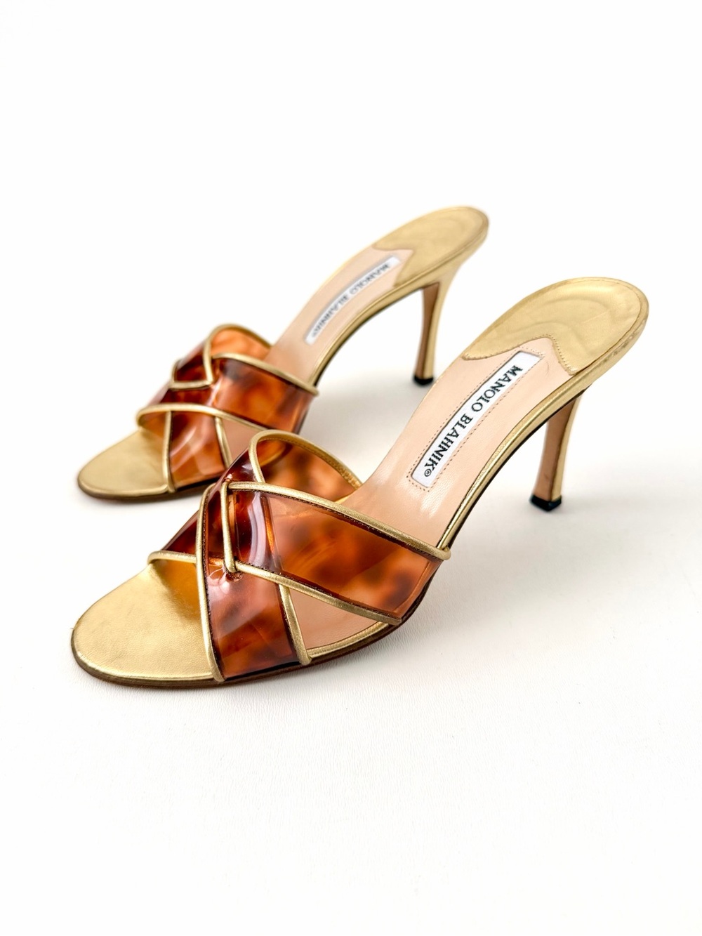 MANOLO BLAHNIK | Vintage Y2K Tortoiseshell  Vinyl Gold Leather Mules EU 37.5